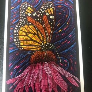 Lantern Press, Monarch Butterfly with Pink Flower, Paper Mosaic, Postcard